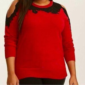 Torrid ||  Cold Shoulder Red Black Lace Sweater